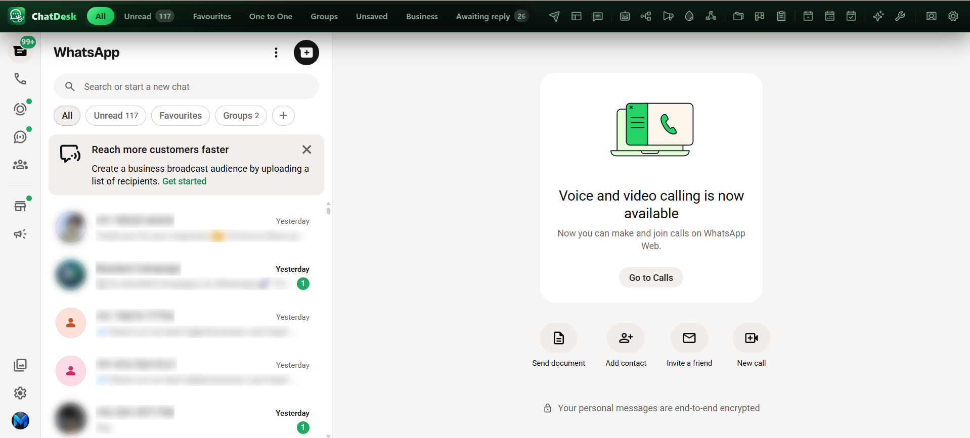 WhatsApp Web with the ChatDesk bar across the top.