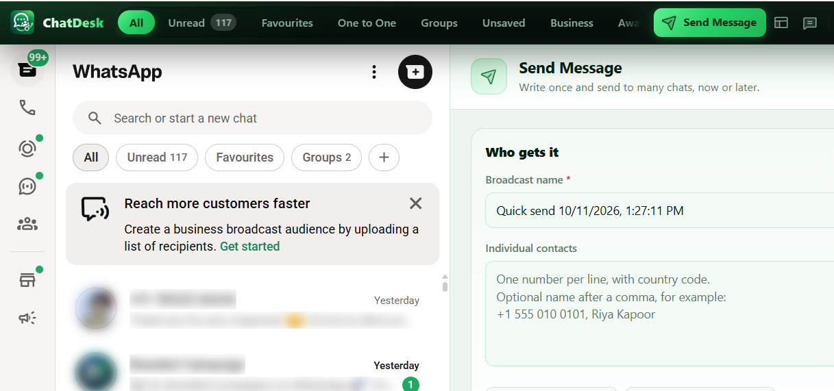 Send Message open beside the WhatsApp chat list.