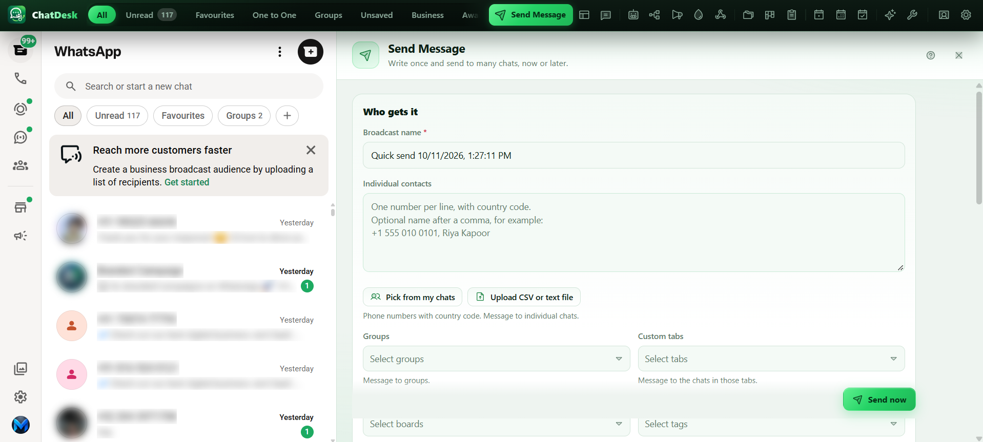 The Send Message panel in ChatDesk.