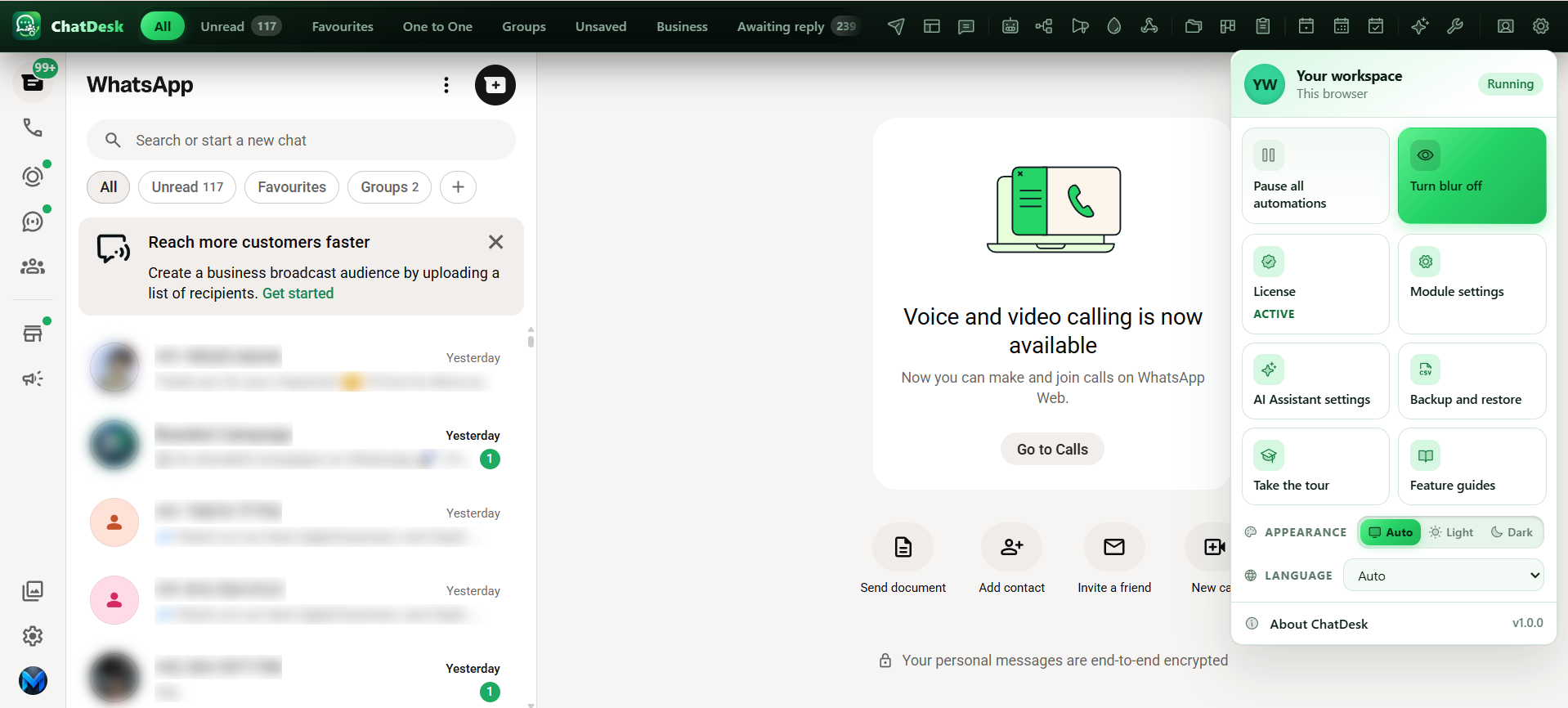 The ChatDesk workspace menu.